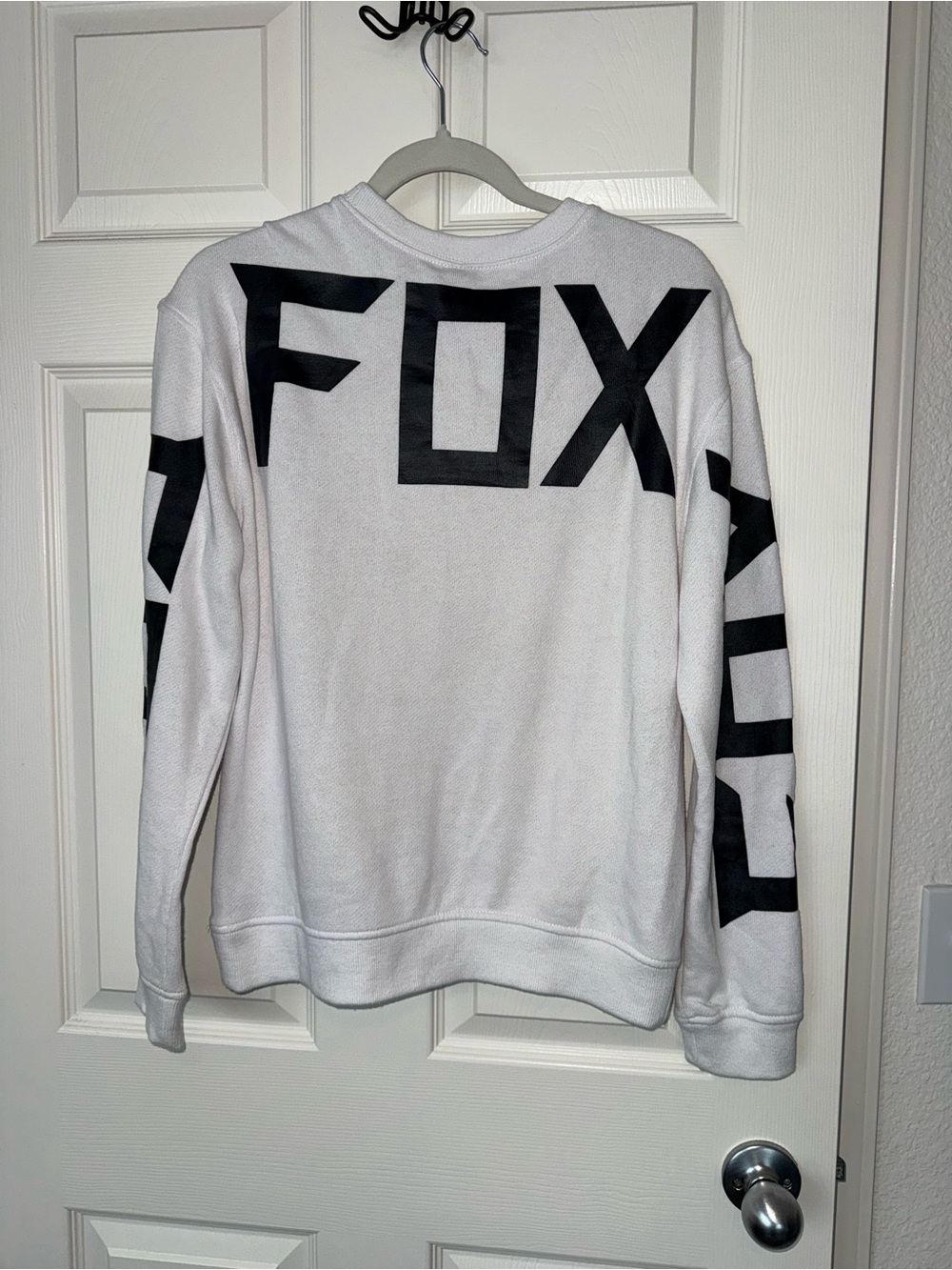 Fox White Crewneck Sweater with Black Sleeve Graphics - Picture 3 of 6